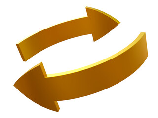 Gold rotation arrows isolated. Rotation arrows in a circle sign. Arrows looping in circle. Golden refresh icon isolated on background. Circle arrows.