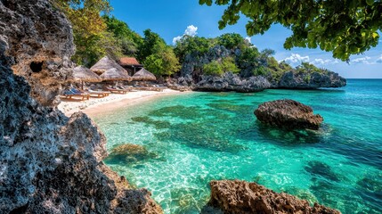 Obraz premium Lush Tropical Island with Turquoise Waters Thatched Huts Rocky Outcrops and Lush Greenery Under Bright Sunlight
