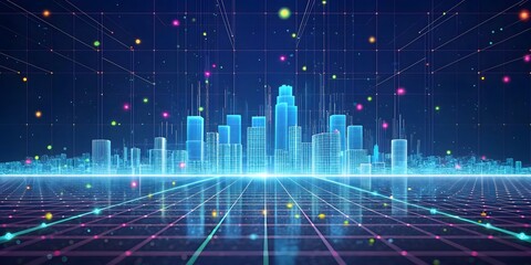 Futuristic Cityscape: Digital Wireframe Metropolis, Networked Grid, Neon Glow, Technological Advancement