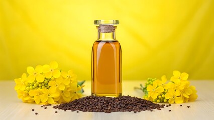 Golden Canola Oil in Glass Bottle with Seeds and Blossoms: Vibrant Yellow Background, Healthy Product Photography