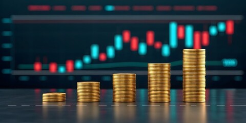 Gold coins stacked in ascending order against a blurred stock market graph background; financial growth concept.
