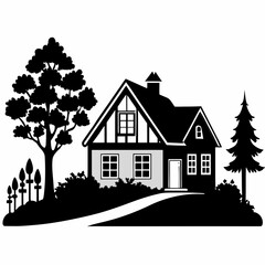 Black Silhouette Village Landscape 