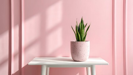 Serene Snake Plant in Pink Concrete Pot on White Table Against Pastel Pink Wall