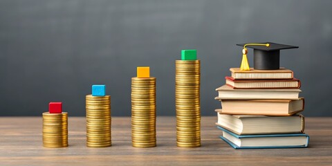 Rising Gold Coin Stacks Representing Educational Investment Growth, Graduation Cap on Books