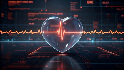 Futuristic Glass Heart with EKG Waveform: Digital Healthcare Technology Concept
