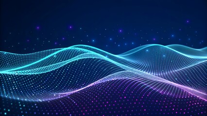 Abstract Blue and Purple Glowing Particle Wave Background: Futuristic Digital Technology Concept