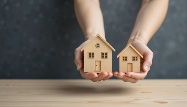 Downsizing real estate: hands holding larger & smaller homes for property decisions & lifestyle change