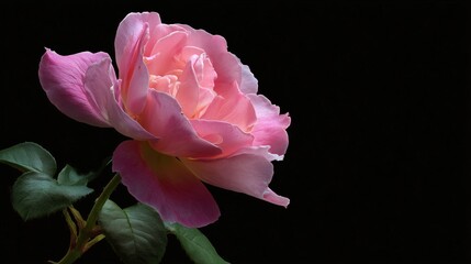 elegant pink rose with white edges and green leaves on black background