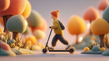Playful 3D illustration happy child on scooter, moving through vibrant park setting with dynamic lighting and cartoon style nature elements, perfect for family, activity and health visuals