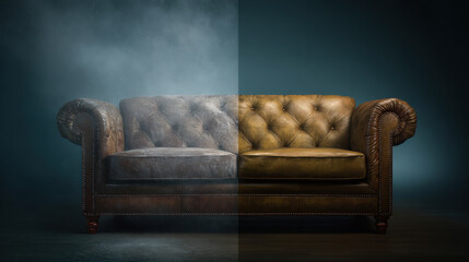 Split image of a couch before and after steam cleaning, left side showing dust, pet dander, allergens under UV light, professional hygiene concept. 3d illustration.