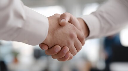 two coworkers shaking hands after successful deal, office background, 3D render