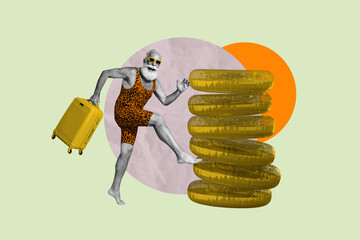 Full zine trendy photo collage of happy old man wear leopard swimwear carry suitcase run swim lifebuoy stack summer relax travel