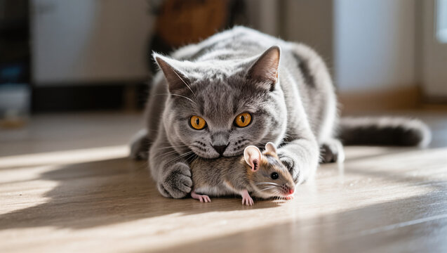 Gray cat with amber eyes holds a small mouse under its paws while staring intently on a wooden floor. Captured indoor hunting moment.