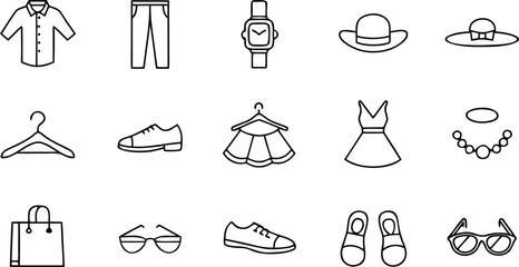 Black and white vector fashion icons set featuring clothing, silhouettes, and artistic design symbols