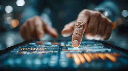 close-up of hands touching digital chart on tablet in meeting, digital business style, 3D render,