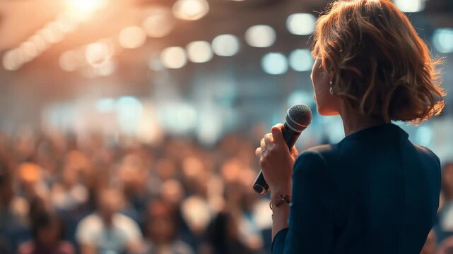Female speaker giving a talk on corporate business conference. Business and Entrepreneurship event