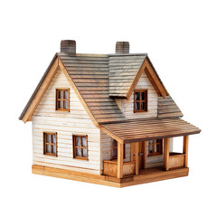 Small, detailed model of a two-story, wooden house with a porch