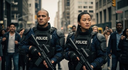 Fototapeta premium Officers clad in tactical armor standing ready for crowd management in metropolitan area.