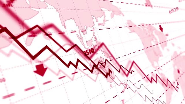 Red downward trending lines overlaying a world map suggest economic decline and financial loss