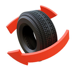 Car tire with red arrows isolated on background. Arrow around tyres isolated. Wheel with arrow.