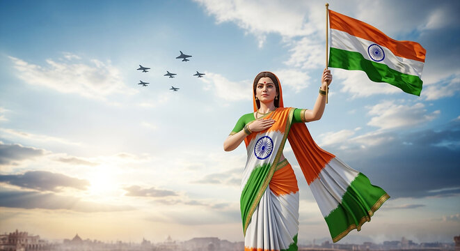  15 august independence Day Bharat Mata wearing a traditional Indian dress, holding a large Indian flag, standing in front of a sky with fighter jets flying overhead, cinematic lighting