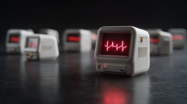 Collection of small gray health monitors displaying heart rate signals for medical technology design