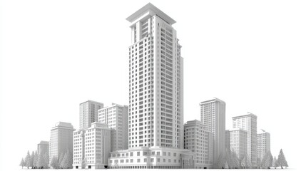 Fototapeta premium Modern Highrise Building Architectural Sketch in Black and White