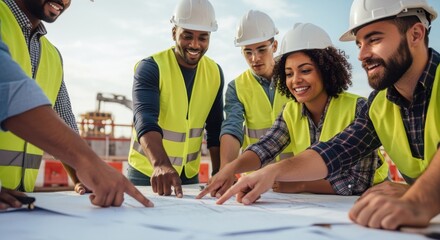 Closeup of diverse workers collaborating on infrastructure project.