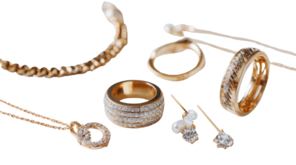 Elegant Handcrafted Jewelry: A flat lay of elegant handcrafted jewelry pieces like rings, necklaces, and earrings, isolated on a Transparent background, PNG file.