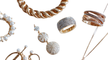 Elegant Handcrafted Jewelry: A flat lay of elegant handcrafted jewelry pieces like rings, necklaces, and earrings, isolated on a Transparent background, PNG file.