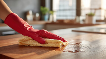 Woman washing wooden table on kitchen. Red grove. 3D Illustration.