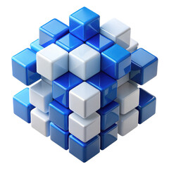 Intricate 3d geometric structure composed of glossy blue and white cubes isolated on white background