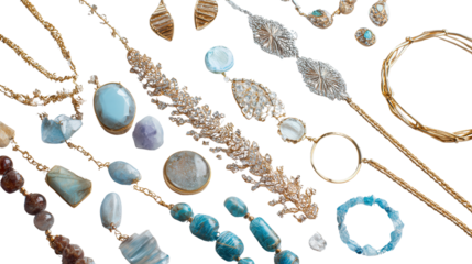 Elegant Handcrafted Jewelry: A flat lay of elegant handcrafted jewelry pieces like necklaces and bracelets, isolated on a Transparent background, PNG file.