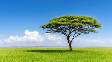 Fototapeta premium Single Acacia Tree on a Green Field Under a Blue Sky