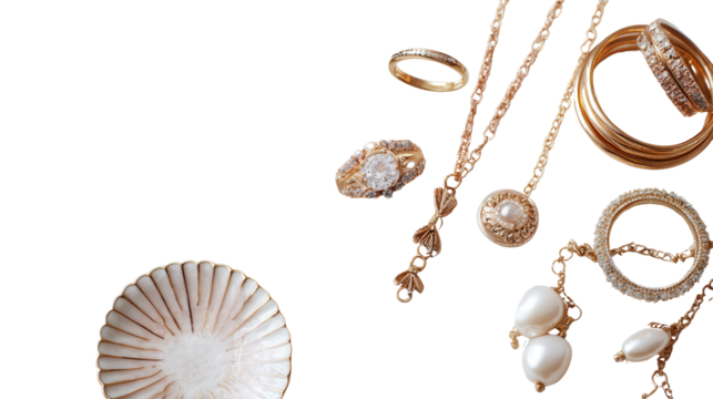 Elegant Handcrafted Jewelry: A flat lay of elegant handcrafted jewelry pieces like rings, necklaces, and earrings, isolated on a Transparent background, PNG file.