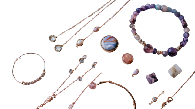Elegant Handcrafted Jewelry: A flat lay of elegant handcrafted jewelry pieces like necklaces and bracelets, isolated on a Transparent background, PNG file.