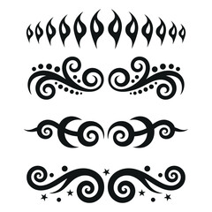 Fototapeta premium Collection of four decorative ornamental swirls, borders, flourishes and dividers, ornate tribal elements in black on white background