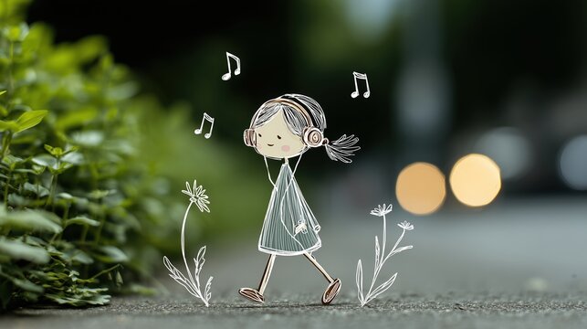 Dessin creatif d'une fillette ecoutant de la musique sur photo urbaine
