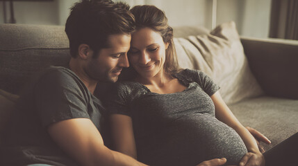 Expectant couple sharing a tender moment, embracing joy of impending parenthood while relaxing on a couch