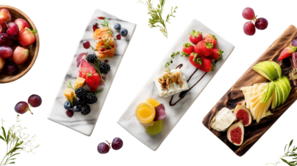 Elegant Serving Platters: A flat lay of elegant serving platters with appetizers, fruits, and cheeses, isolated on a Transparent background, PNG file.