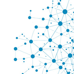 Abstract blue network graphic with interconnected circular nodes and thin lines representing digital communication.