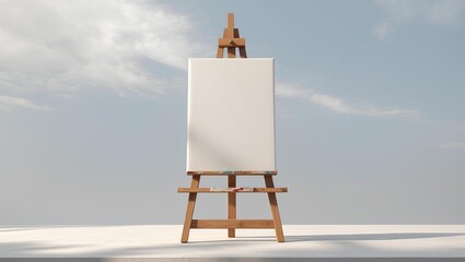 A wooden easel with a blank canvas stands ready for art on the beach, an empty stand awaiting an artist's painting