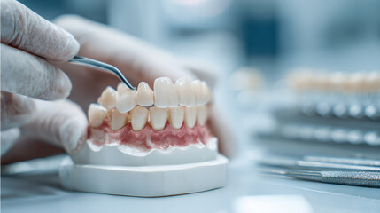 Aesthetic dental veneers installation process, ultra realistic close-up of dentist hands placing porcelain veneers on perfect teeth, modern dental clinic interior with natural lighting.