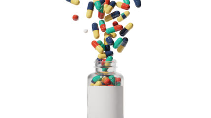 Photo of a clear glass medicine bottle filled with pills as colorful capsules and tablets are seen falling into it from above isolated