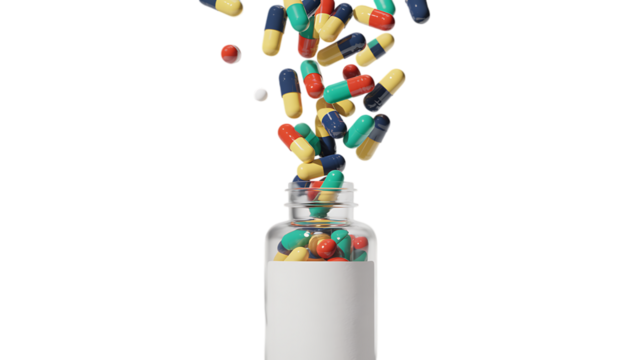 Photo of a clear glass medicine bottle filled with pills as colorful capsules and tablets are seen falling into it from above isolated
