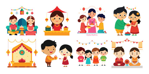 Vector art of a collection of colorful cartoon illustrations depicting various scenes of the indian festival of