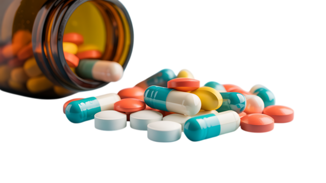 Photo of a brown medicine bottle is tipped over spilling a variety of colorful pills and capsules onto a white surface isolated on
