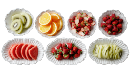 Elegant Serving Platters with Fruit: A flat lay of elegant serving platters filled with sliced fruits like melons and strawberries, isolated on a Transparent background, PNG file.