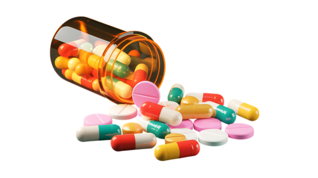 Photo of an amber glass medicine bottle tipped over spilling a variety of colorful pills and capsules onto a white surface isolated on