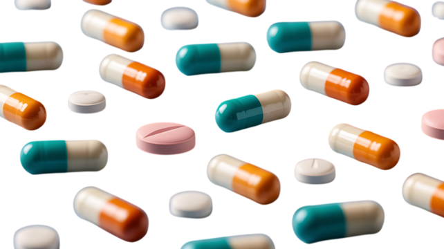Photo of a scattered pattern of colorful pills and capsules including capsules with orange and white blue and green and pink tablets - Powered by Adobe